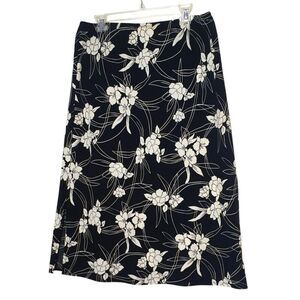 Kathy Lee Womens Skirt Sz 12 Black & White Floral Office Y2K Split Hem Chic